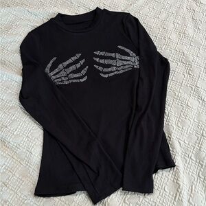 Black Rhinestone Skeleton Hands Ribbed Top • Size Small